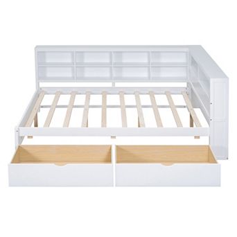 Pnronnc L-Shaped Wooden Daybed Frame with Double-Layer Storage Shelf and Charging Ports, 2 Drawers