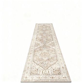 Washable Runner Rug  Non Slip Boho Vintage Hallway Rubber Backing Stain Resistant Low Pile