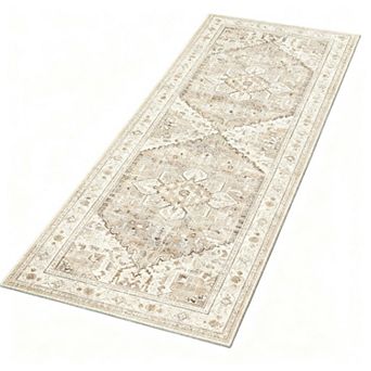 Washable Runner Rug  Non Slip Boho Vintage Hallway Rubber Backing Stain Resistant Low Pile
