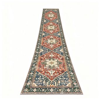 Washable Runner Rug  Non Slip Boho Vintage Hallway Rubber Backing Stain Resistant Low Pile