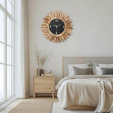 12 Inch Silent Wood Boho Sunburst Decorative Wall Clock Battery Operated for Home Decor