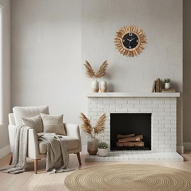 12 Inch Silent Wood Boho Sunburst Decorative Wall Clock Battery Operated for Home Decor