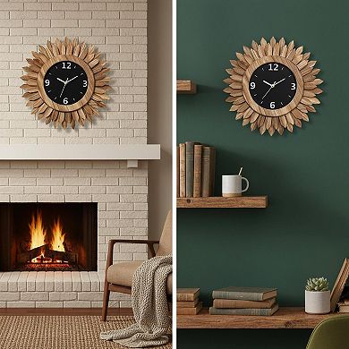 12 Inch Silent Wood Boho Sunburst Decorative Wall Clock Battery Operated for Home Decor