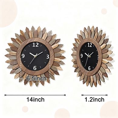 12 Inch Silent Wood Boho Sunburst Decorative Wall Clock Battery Operated for Home Decor