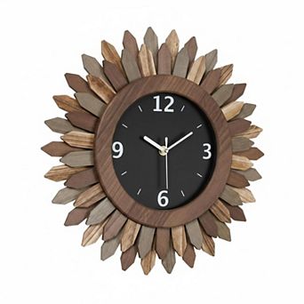 12 Inch Silent Wood Boho Sunburst Decorative Wall Clock Battery Operated for Home Decor