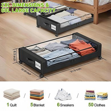 Under Bed Storage Bins with Wheels XXL 60L Rolling Organizers for Clothes Blankets Shoes