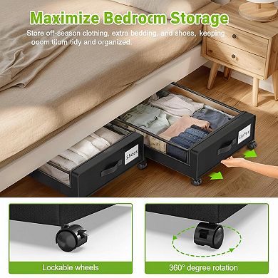 Under Bed Storage Bins with Wheels XXL 60L Rolling Organizers for Clothes Blankets Shoes