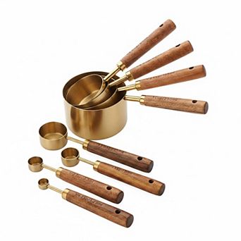 Stainless Steel Measuring Cups & Spoons Set (8 pc Wood Handle Engraved Kitchen Baking Cooking