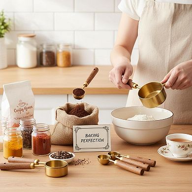 Stainless Steel Measuring Cups & Spoons Set (8-Piece) Wood Handle Engraved Kitchen Baking Cooking