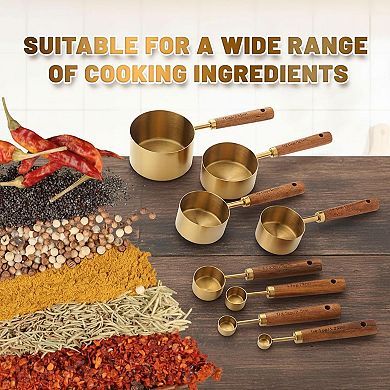 Stainless Steel Measuring Cups & Spoons Set (8-Piece) Wood Handle Engraved Kitchen Baking Cooking
