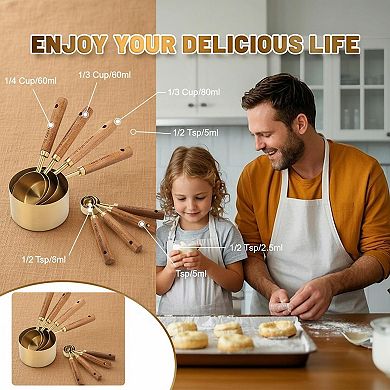 Stainless Steel Measuring Cups & Spoons Set (8-Piece) Wood Handle Engraved Kitchen Baking Cooking