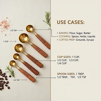 Stainless Steel Measuring Cups & Spoons Set (8-Piece) Wood Handle Engraved Kitchen Baking Cooking