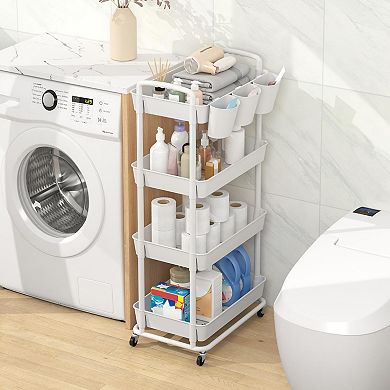 4 Tier Plastic Rolling Storage Cart with Lockable Wheels Hanging Cups Handles for Kitchen Bathroom