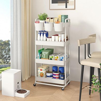 4 Tier Plastic Rolling Storage Cart with Lockable Wheels Hanging Cups Handles for Kitchen Bathroom