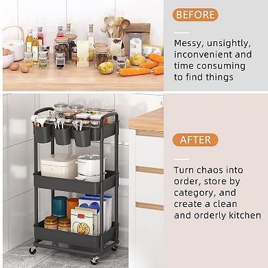 4 Tier Plastic Rolling Storage Cart with Lockable Wheels Hanging Cups Handles for Kitchen Bathroom