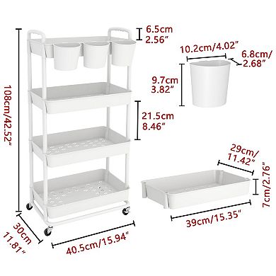 4 Tier Plastic Rolling Storage Cart with Lockable Wheels Hanging Cups Handles for Kitchen Bathroom