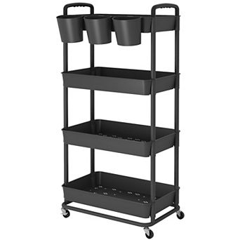 4 tier Plastic Rolling Storage Cart with Lockable Wheels Hanging Cups Handles for Kitchen Bathroom