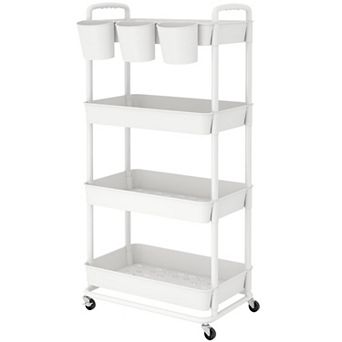 4 tier Plastic Rolling Storage Cart with Lockable Wheels Hanging Cups Handles for Kitchen Bathroom