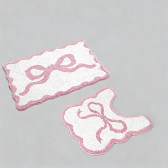 Pink Bow Bathroom Rug Set 2 pc Non-Slip Absorbent Plush Bath Mat
