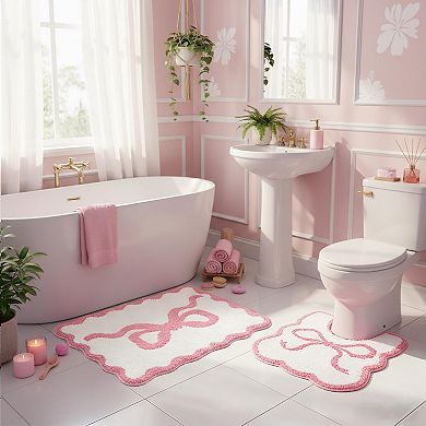 Pink Bow Bathroom Rug Set 2 Piece Non-Slip Absorbent Plush Bath Mat