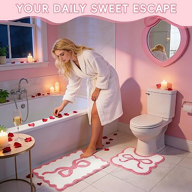 Pink Bow Bathroom Rug Set 2 Piece Non-Slip Absorbent Plush Bath Mat