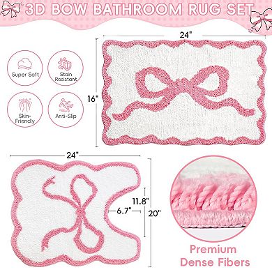 Pink Bow Bathroom Rug Set 2 Piece Non-Slip Absorbent Plush Bath Mat