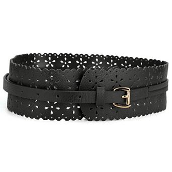Vintage Hollow Floral Leather Cinch Waistband Wide Belts with Buckle for Women