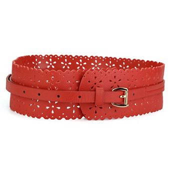 Vintage Hollow Floral Leather Cinch Waistband Wide Belts with Buckle for Women