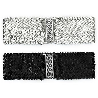 2 pc Ladies Sequins Decor Metal Interlocking Buckles Elastic Waist Belt