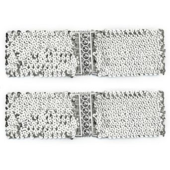 2 pc Ladies Sequins Decor Metal Interlocking Buckles Elastic Waist Belt
