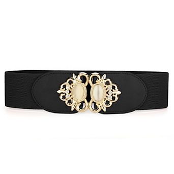 Lady Elastic Belts, Faux Leather Opal Beaded Rhinestone Inlaid Stretchy Cinch Waistband for Dress