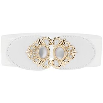 Lady Elastic Belts, Faux Leather Opal Beaded Rhinestone Inlaid Stretchy Cinch Waistband for Dress