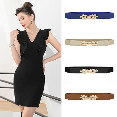Women Leaf Shaped Interlocking Buckle Stretch Cinch Belt