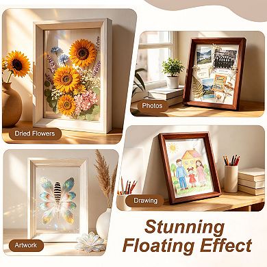 Floating Picture Frames, Wooden Double Acrylic Pressed Flower Photo Frames Wall Tabletop Display 1Pc