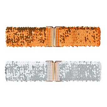 Womens Wide Waist Belts Interlock Buckles Sequins Decor Shinny Stretchy Belts 2 pc