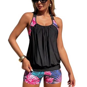 Women's Tropical Leaf Print Tankini Set - Halter Double Strap Loose Blouson Swim Top