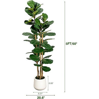 Artificial Fiddle Leaf Fig Tree in Modern White Planter, 5ft Large Fake Tree with 3 Sturdy Trunks