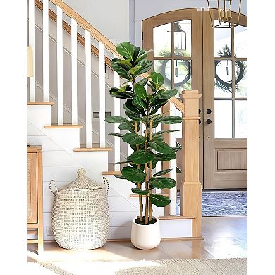Artificial Fiddle Leaf Fig Tree in Modern White Planter, 5ft Large Fake Tree with 3 Sturdy Trunks