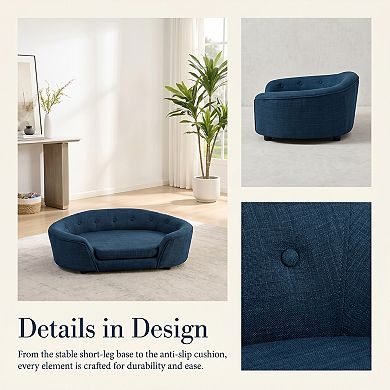 Oversized Oval Semi-Enclosed Dog Sofa, Linen Pet Couch with Button-Tufted Backrest