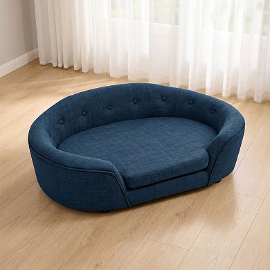 Oversized Oval Semi-Enclosed Dog Sofa, Linen Pet Couch with Button-Tufted Backrest