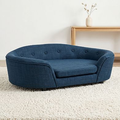 Oversized Oval Semi-Enclosed Dog Sofa, Linen Pet Couch with Button-Tufted Backrest