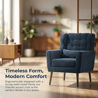 Modern Accent Chair, Chenille Armchair with Pillow & Solid Wood Leg