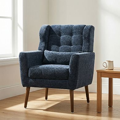 Modern Accent Chair, Chenille Armchair with Pillow & Solid Wood Leg