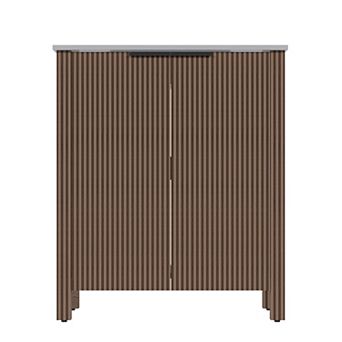 30-inch Brown Floor-Standing Bathroom Cabinet with White Ceramic Basin, Foldable & Easy Transport