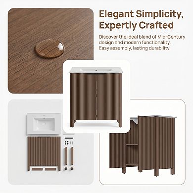 30-inch Brown Floor-Standing Bathroom Cabinet with White Ceramic Basin, Foldable & Easy Transport