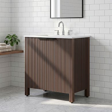 30-inch Brown Floor-Standing Bathroom Cabinet with White Ceramic Basin, Foldable & Easy Transport