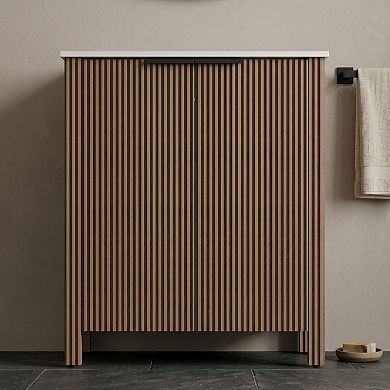 30-inch Brown Floor-Standing Bathroom Cabinet with White Ceramic Basin, Foldable & Easy Transport