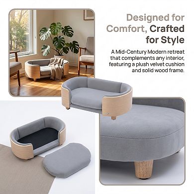 Elevated Dog Bed, Pet Sofa with Solid Wood Legs & Bent Wood Back, Velvet Cushion