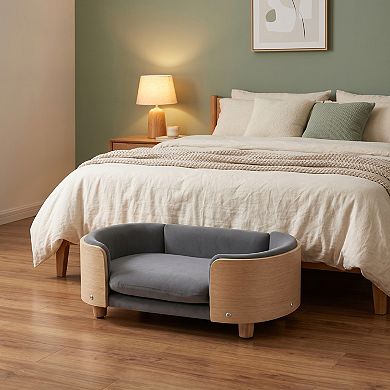 Elevated Dog Bed, Pet Sofa with Solid Wood Legs & Bent Wood Back, Velvet Cushion