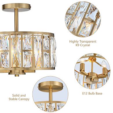 12 in. 3-Light Modern Glam Crystal Semi-Flush Mount Ceiling Light, K9 Crystal, Dry Rated